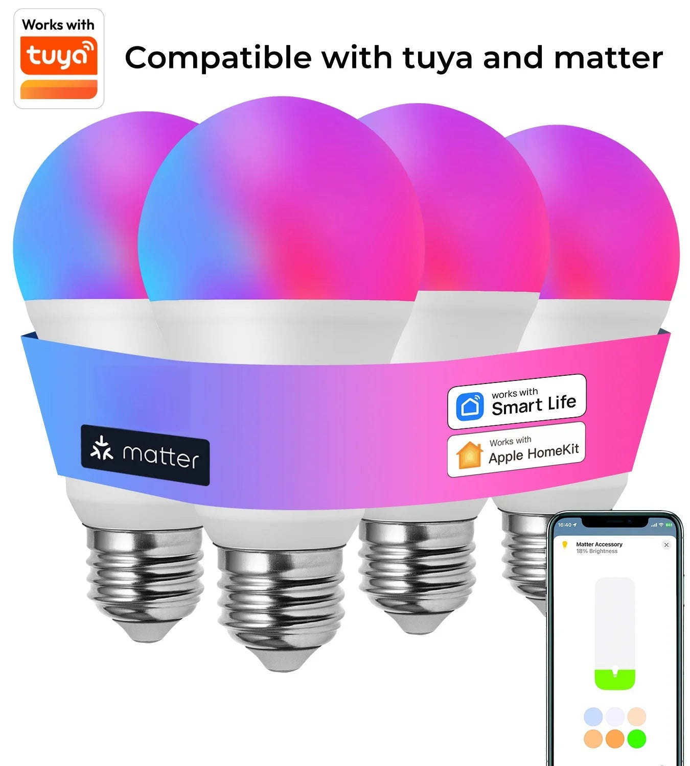 Matter Wifi Smart Light Bulb RGB E26  Led Bulb Smart Home Works With Tuya Voice control Homekit Alexa Google Apple Home